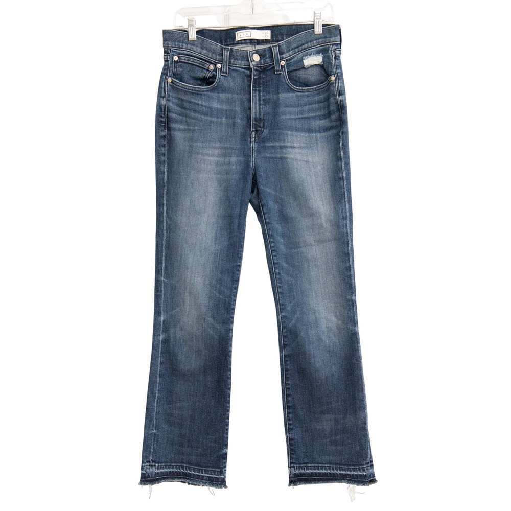 AYR Superba Jeans High Rise Super Stretch Straight Leg Raw Hem Frayed Blue Denim